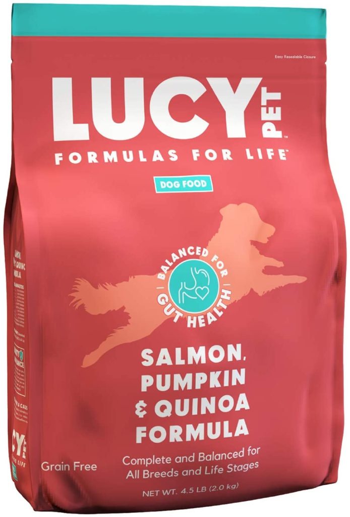 Lucy Pet Formulas for life. Sensitive stomach and skin, dry dog food. All breeds of all life stages with Salmon, Pumpkin and Quinoa formula